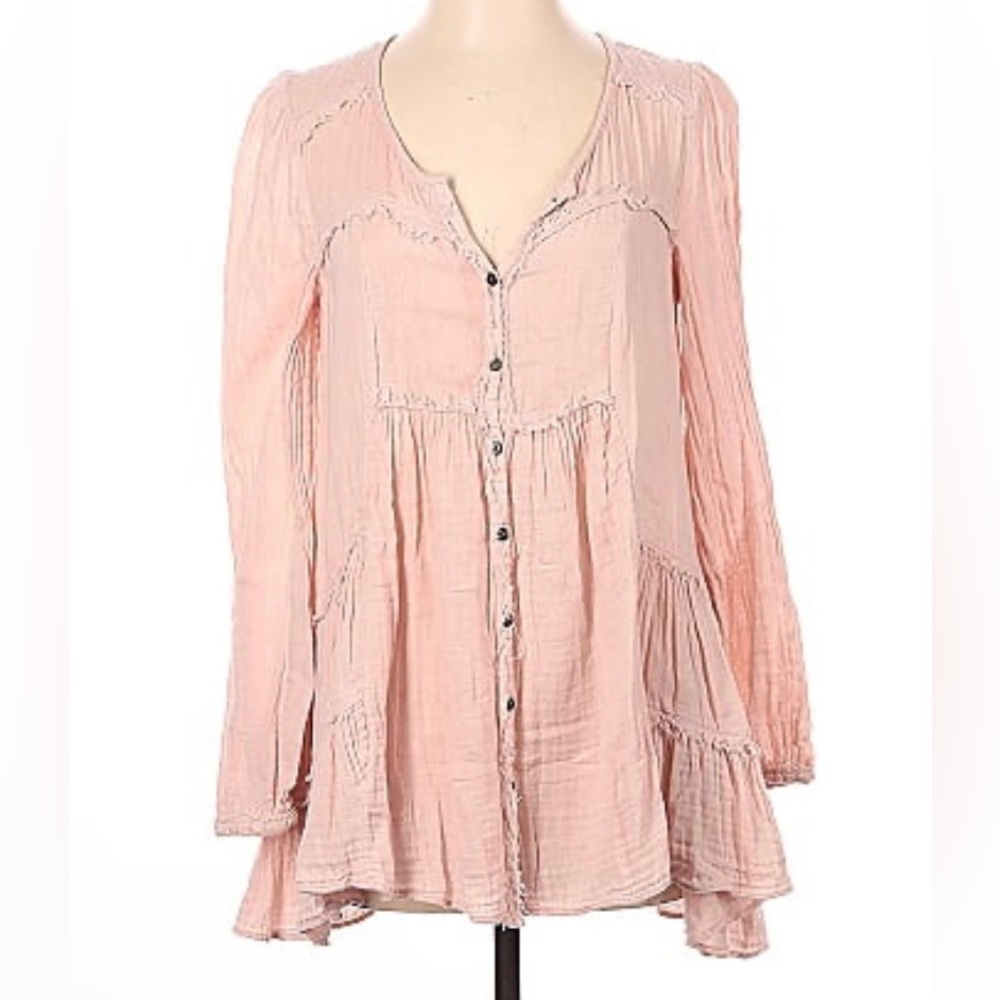 Free People Gauzy Ruffle Boho Top Tunic Pale Pink Size Medium